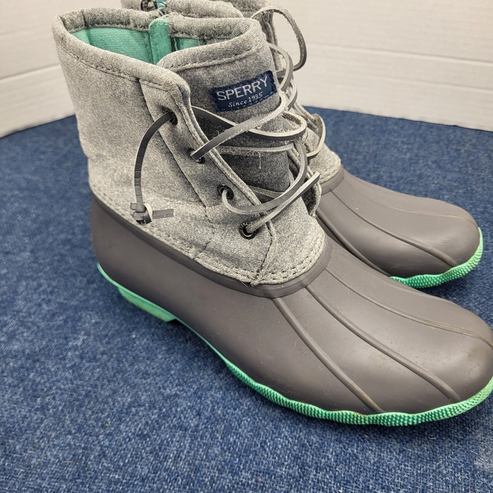 Sperry Saltwater Duck Boots Grey Mint Green Textile Rubber Womens 5m No Insoles